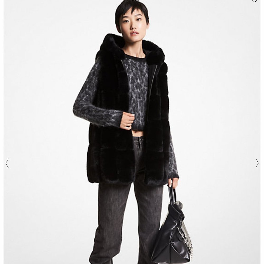 Worn 1x - Michael Kors Black Quilted Faux Fur Hooded Vest, Size XS